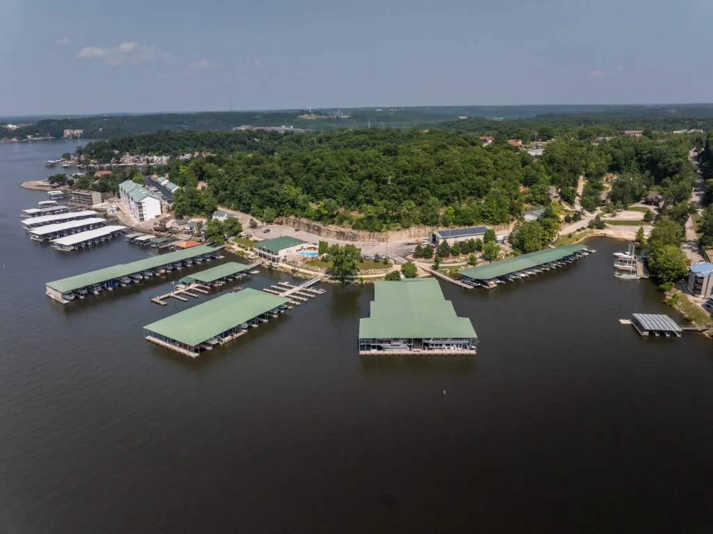 Aerial view of Big Thunder Marine covered boat slips at Lake of the Ozarks