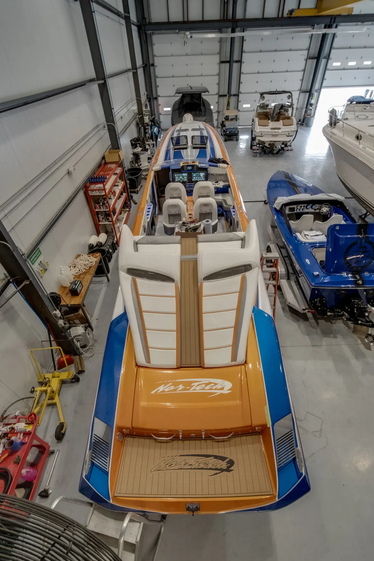 A boat interior seen from above in the Big Thunder Marine service shop